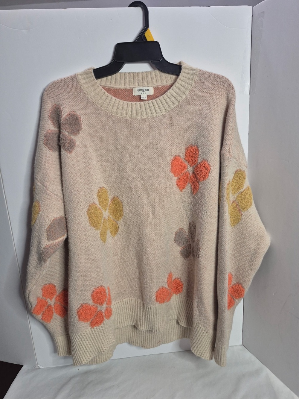 Umgee Cream Crewneck Sweater with Orange, Yellow & Taupe Floral Motif